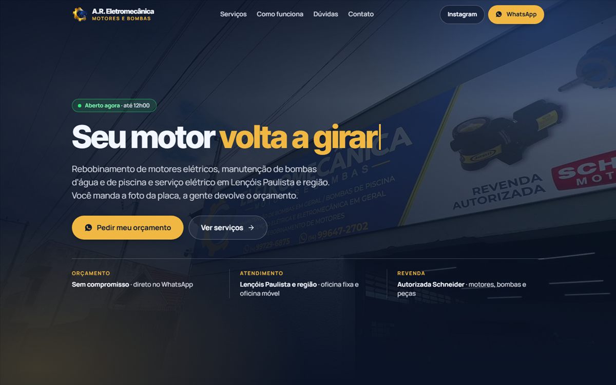 Primeira tela do site da A.R. Eletromecânica: fachada da oficina e o botão de pedir orçamento